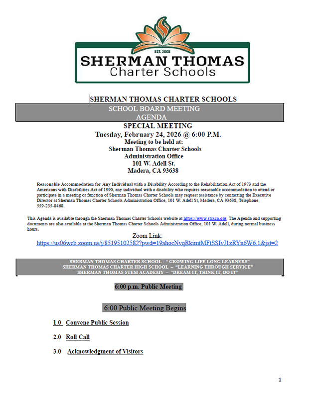 February 24, 2026 Special Meeting STCS Board Agenda