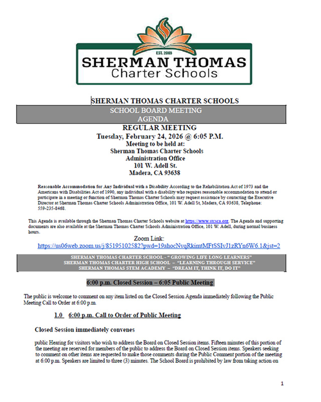 February 24, 2026 STCS Board Meeting Agenda