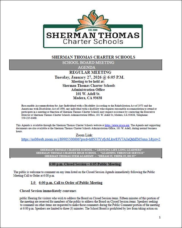 January 27, 2026 SCTS board meeting agenda