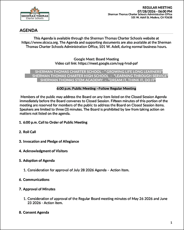 Sherman Thomas Charter Schools regular meeting agenda and details.