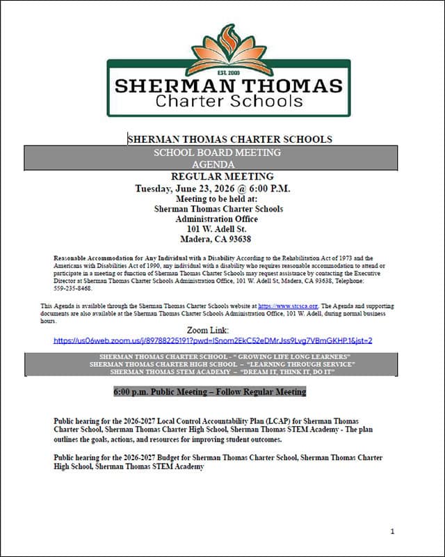 Sherman Thomas Charter Schools meeting agenda for June 23, 2026, at 6:00 PM.