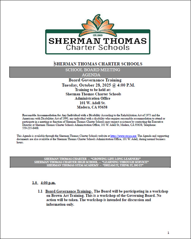 Agenda de capacitación de la junta directiva de STCS del 28 de octubre de 2025