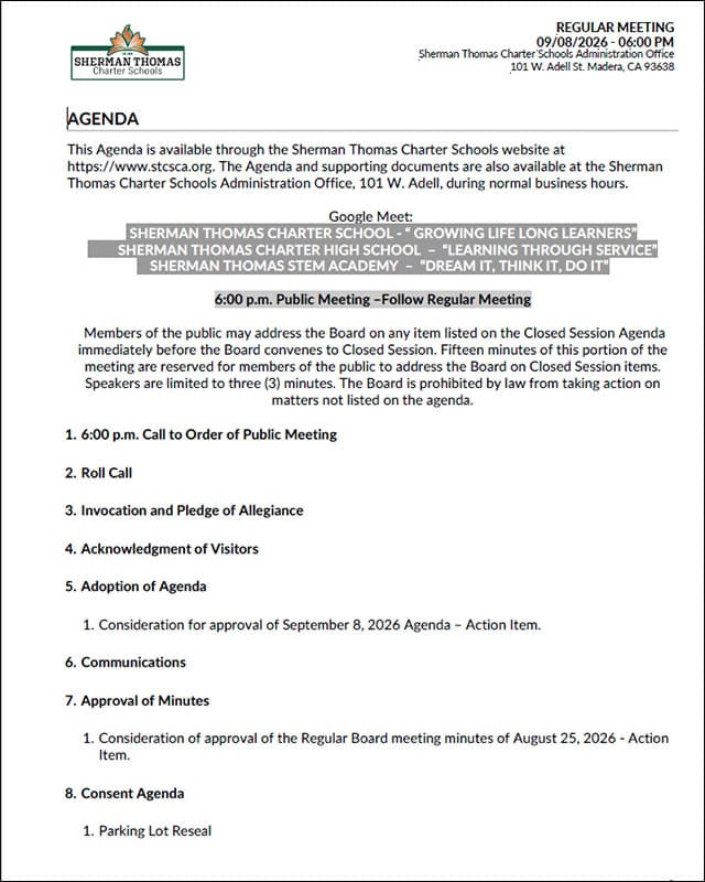 Sherman Thomas Charter Schools agenda for regular meeting on September 8, 2026.