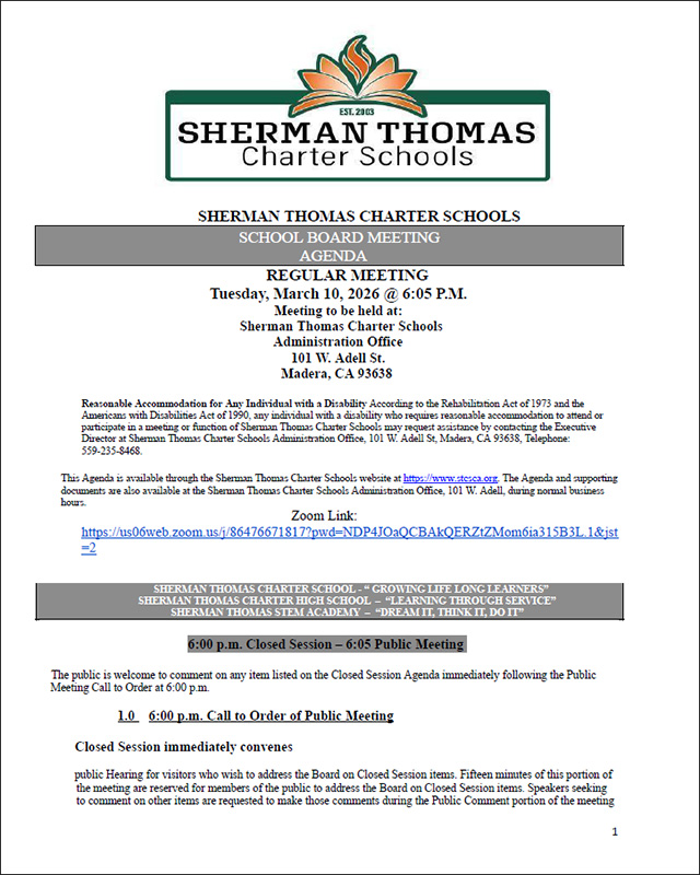 March 10, 2026 STCS Board Meeting Agenda