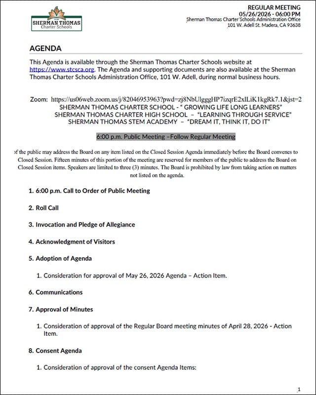 Imagen de portada de la agenda de la reunión de la junta directiva de las Escuelas Charter Sherman Thomas del 26 de mayo de 2026