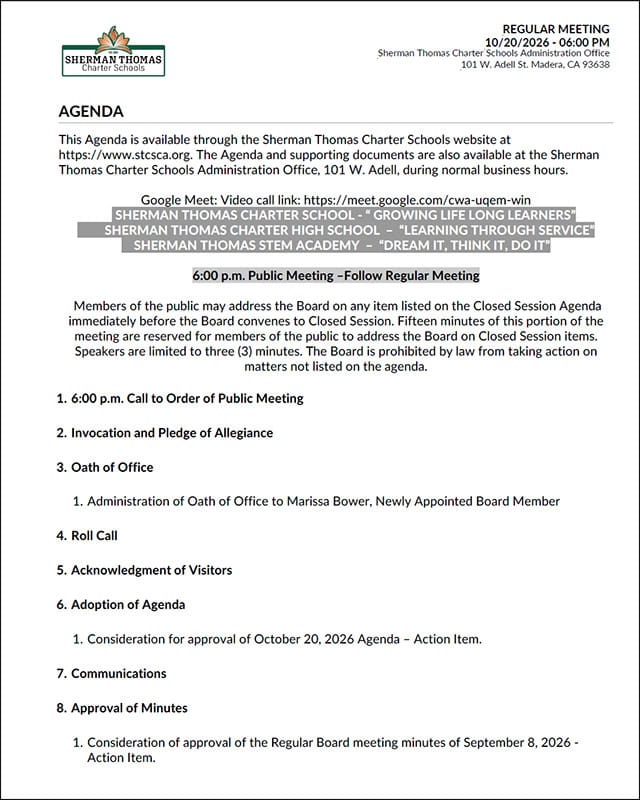 Sherman Thomas Charter Schools board meeting agenda and schedule details.