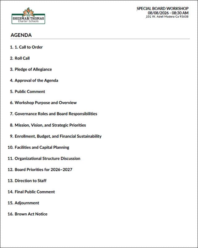 Agenda for Sherman Thomas Charter Schools board workshop 2023.