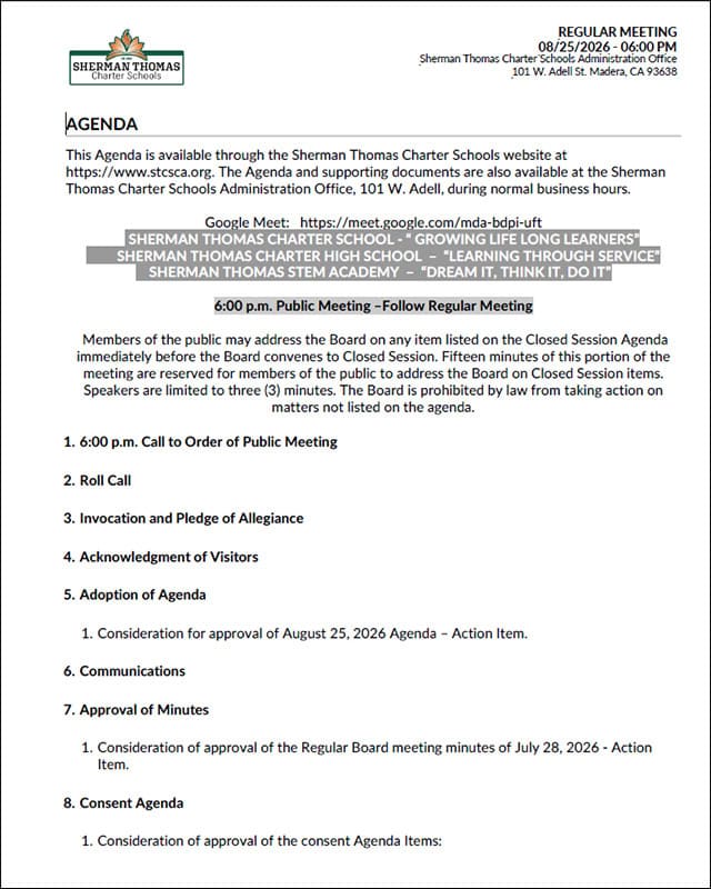 Sherman Thomas Charter Schools agenda for regular meeting on August 25, 2026.